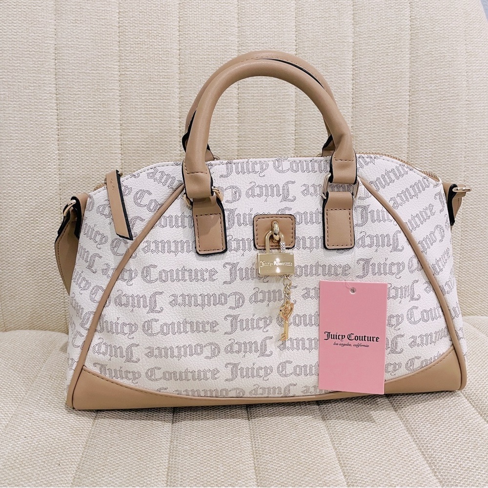NEW Juicy Couture White Tan Monogram Logo Satchel Crossbody‎ Bag Padlock Charm